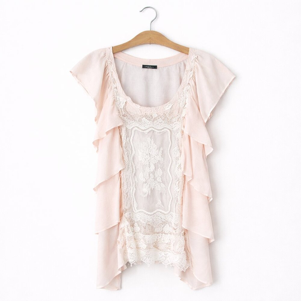 COCOMO | Peach & White Striped Short Sleeve Top with Lace Detail